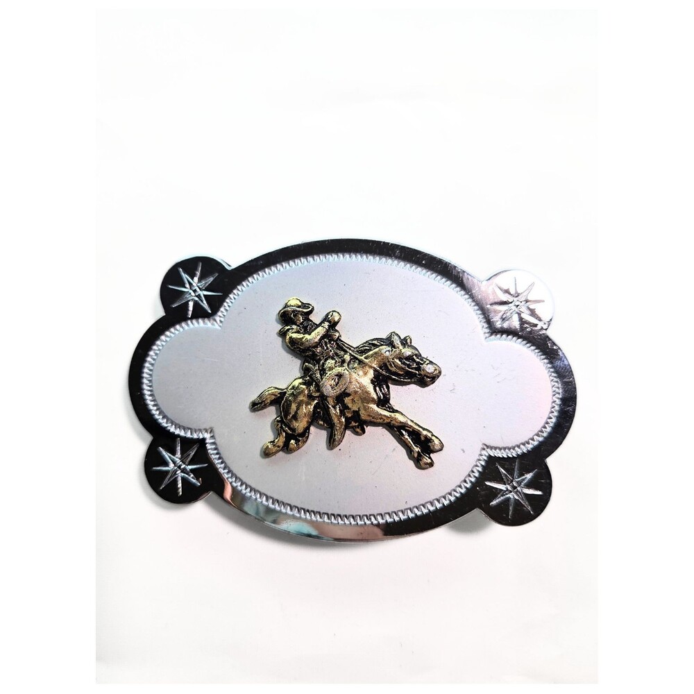 Vintage Made in Japan Western Rodeo Cowboy Horse Belt Buckle Silver Gold Tone